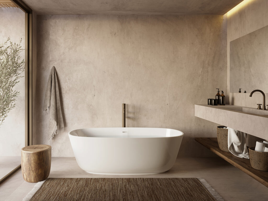 3d rendering of a Mykonos minimal concrete bathroom with a batht