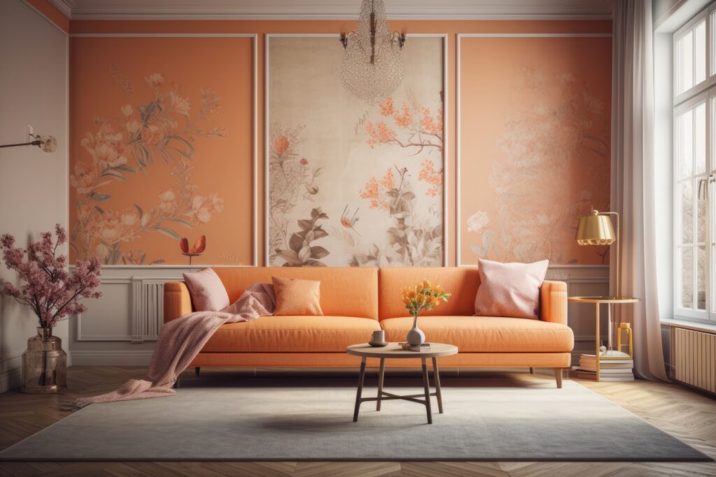 Front picture of elegant orange and beige living room with wallpaper, carpeted floor, and fabric couch. Classic minimalism,. Generative AI